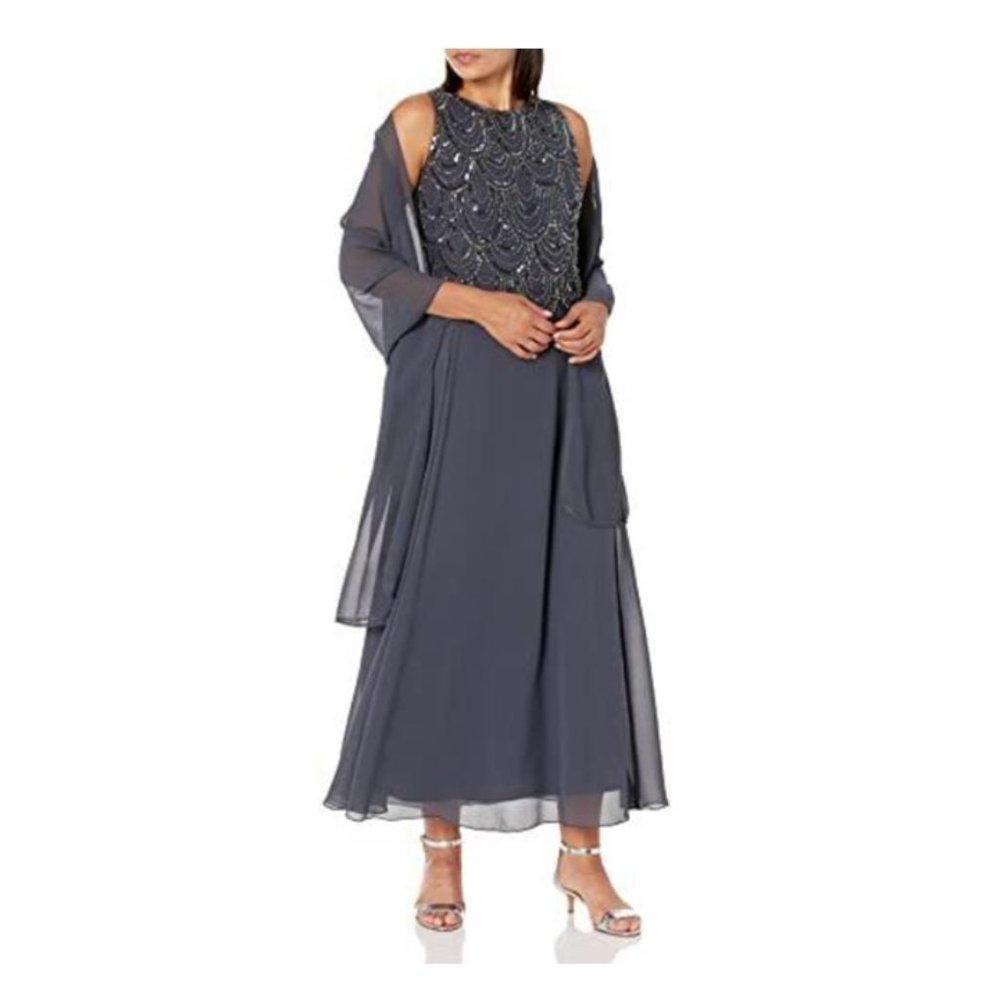 J Kara Beaded Sleeveless Denim Blue Gown with Scarf